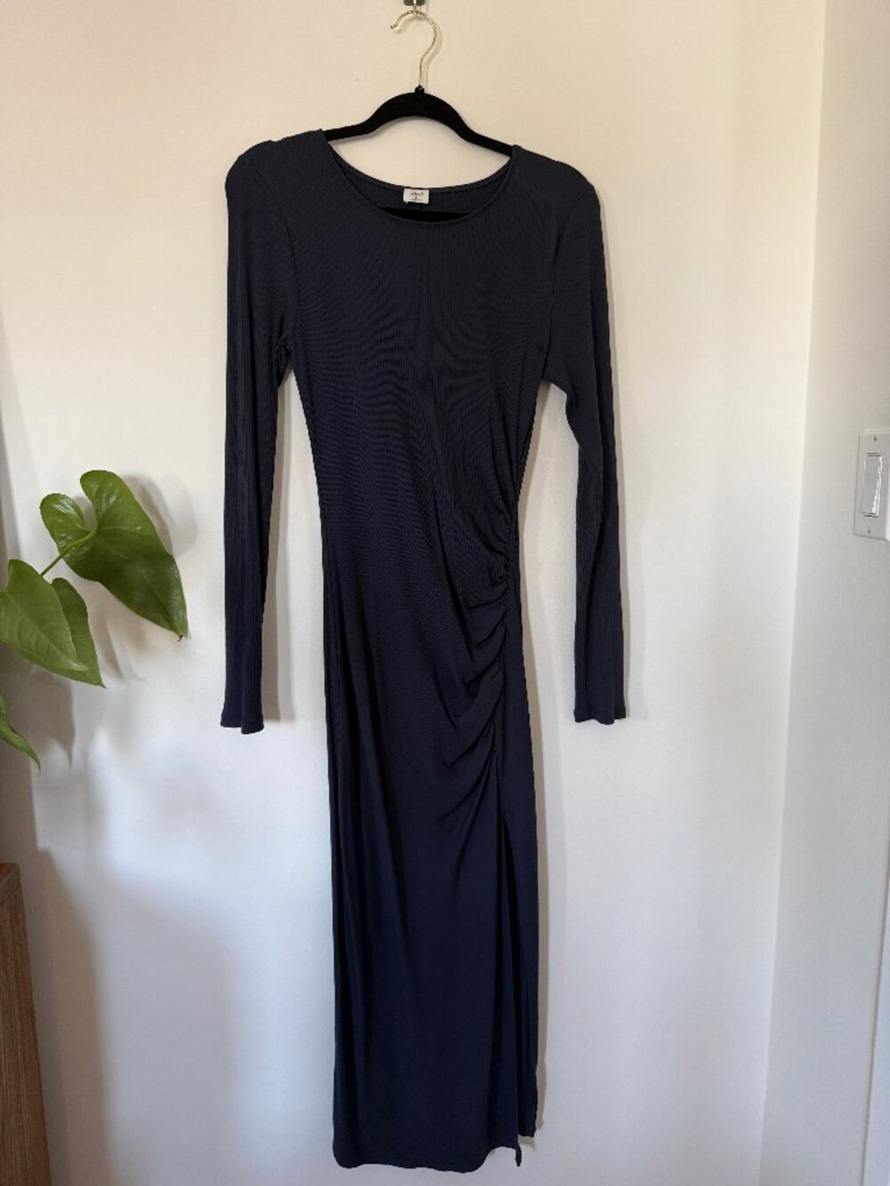 Wilfred Ribbed Midi Dress Side Ruche Slit Navy Size M